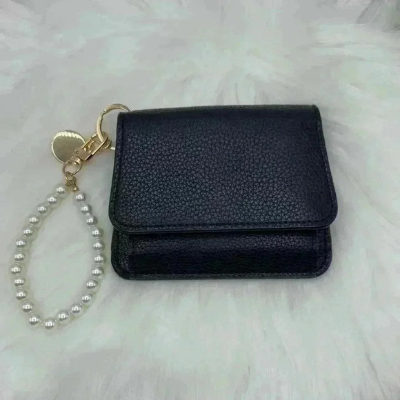 Black Wallet w/ Faux Pearl Keychain Strap - Picture 1 of 7